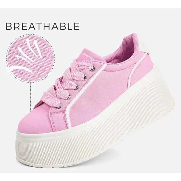 Brand New Women Pink Rubber Platform Wedge Canvas Sneakers Fashion Shoes - Picture 2 of 9